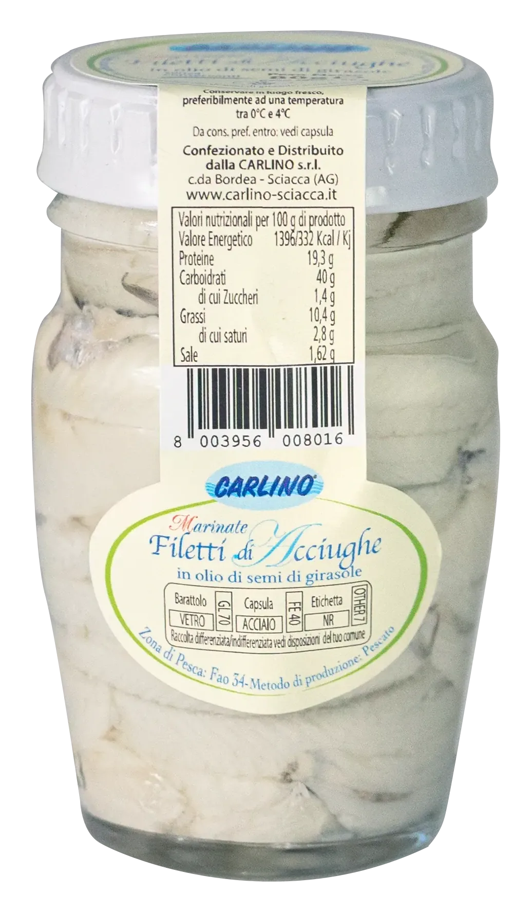 Filetti di acciughe marinate con olio di girasole 80 g, Carlino