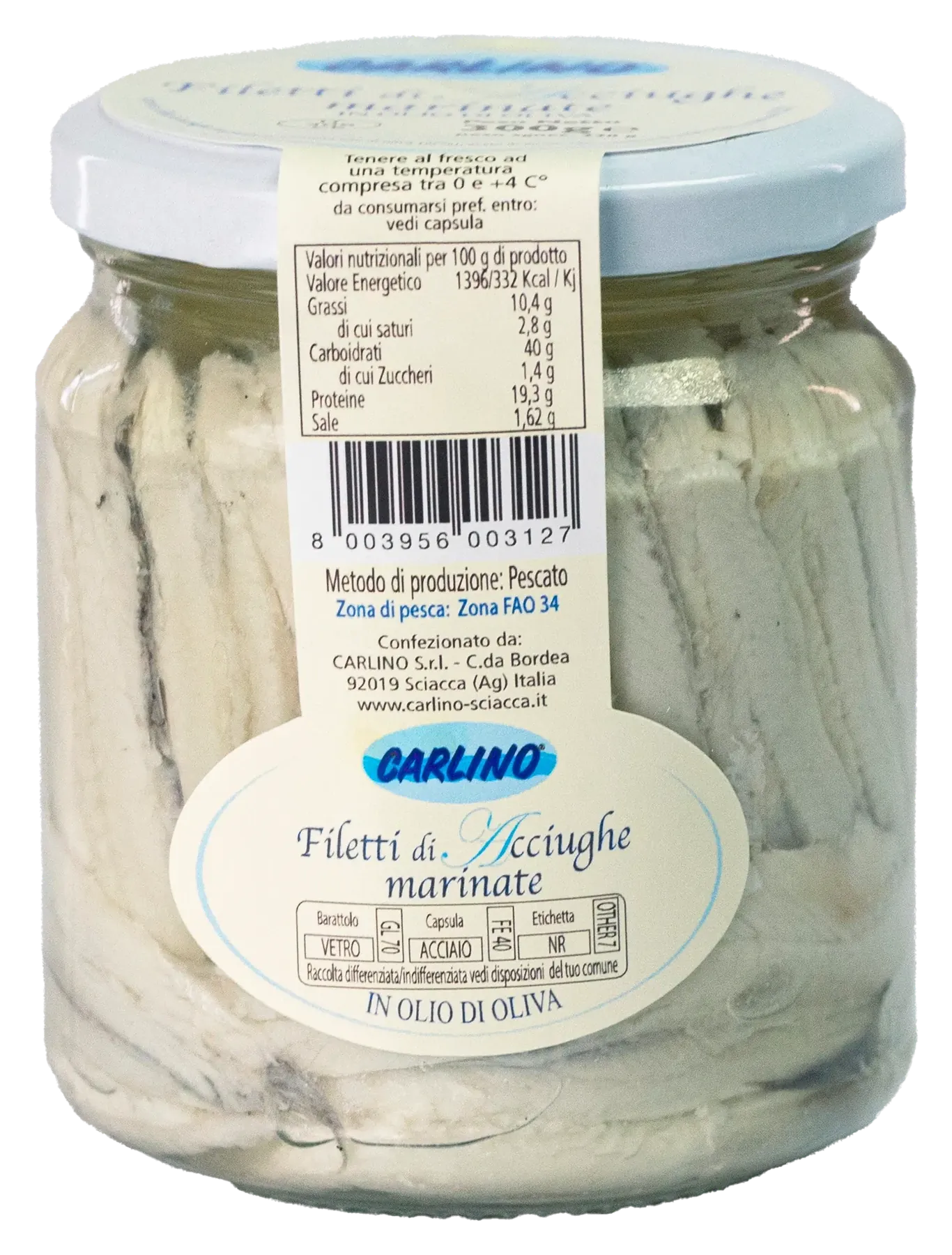 Marinated anchovy fillets with olive oil 300 g, Carlino