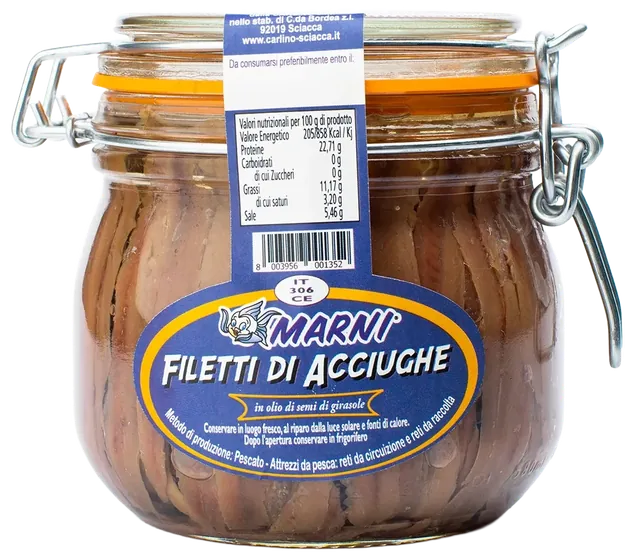 Anchovy fillets in sunflower oil 580 g, Marni