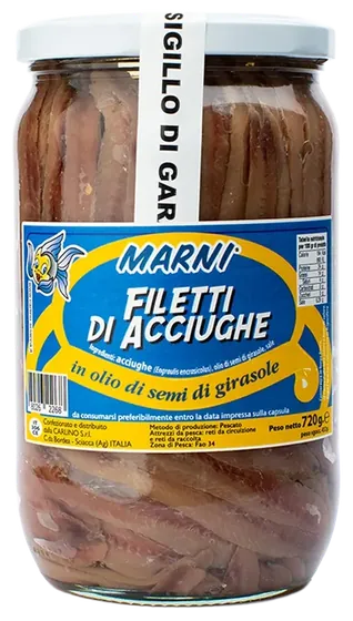 Anchovy fillets in sunflower oil 720 g, Marni
