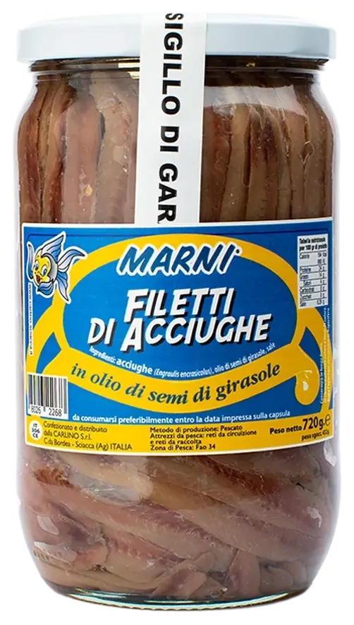Filetti di acciughe in olio di girasole 720 g, Marni